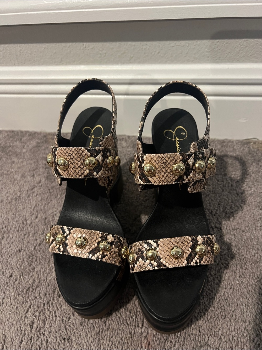 Jessica Simpson Tan Snake-Print Platform Sandals with Gold Studs